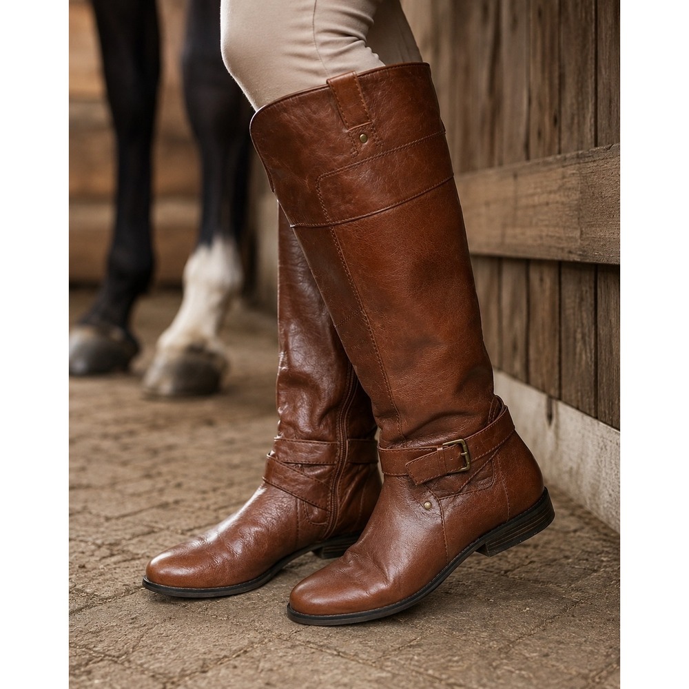 MARC FISHER Wide Calf Tall Leather Riding Boot 10M Zip Heritage Equestrian Brown